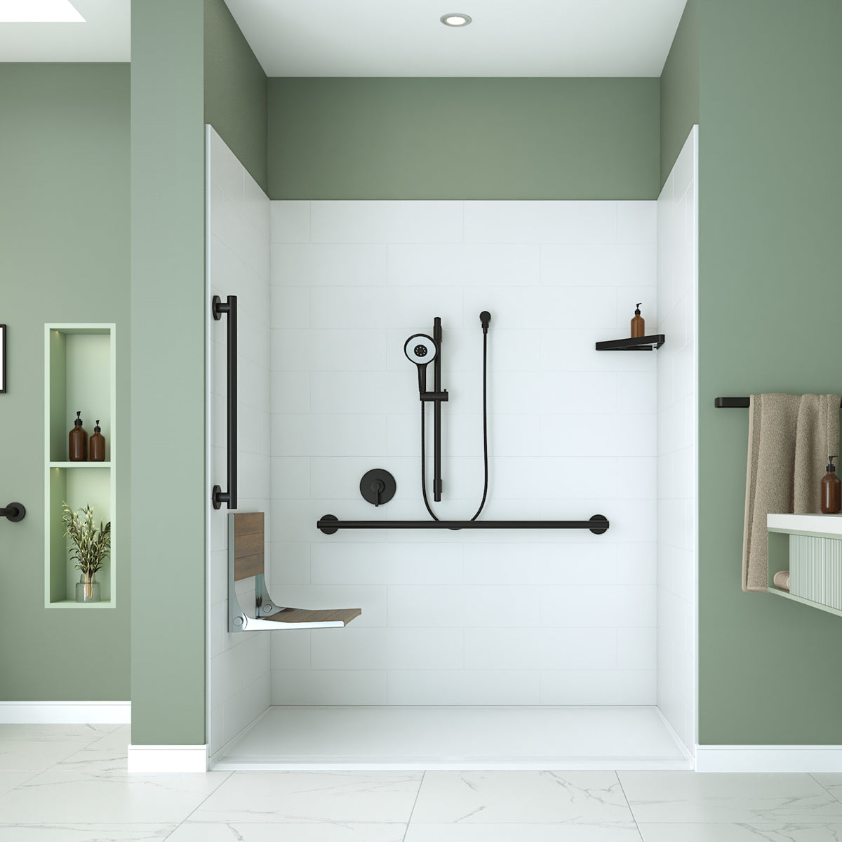 Neptune Aspire 6238 Premium Alcove Five-Piece Shower with ABS Linear Drain in White and Chrome Bars - image 58