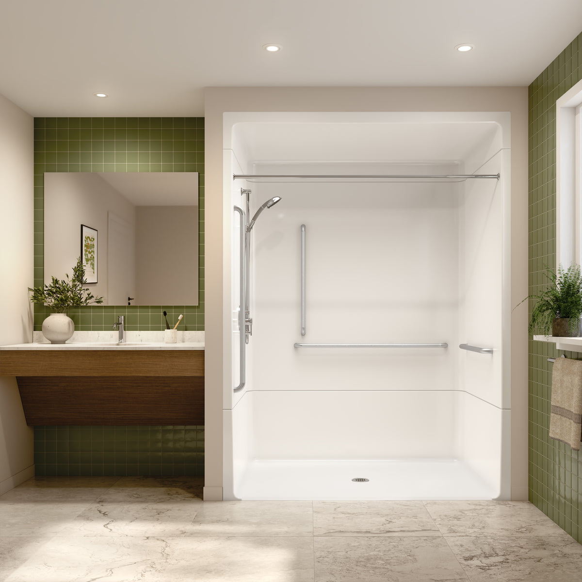Neptune Banff BFS-6036A - NBC Alberta Compliant Acrylic Alcove Center Drain Beveled Threshold Three-Piece Shower in White with Right L-Shaped Naugahyde Seat