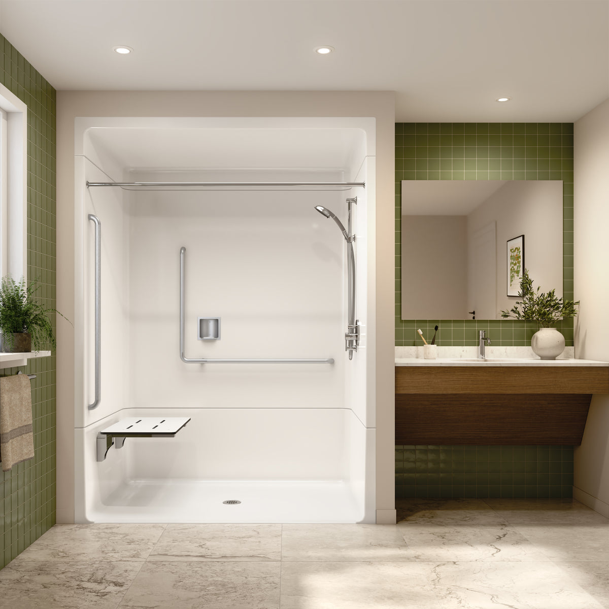 Neptune Banff BFS-6036A - NBC Alberta Compliant Acrylic Alcove Center Drain Beveled Threshold Three-Piece Shower in White with Right L-Shaped Naugahyde Seat - image 12