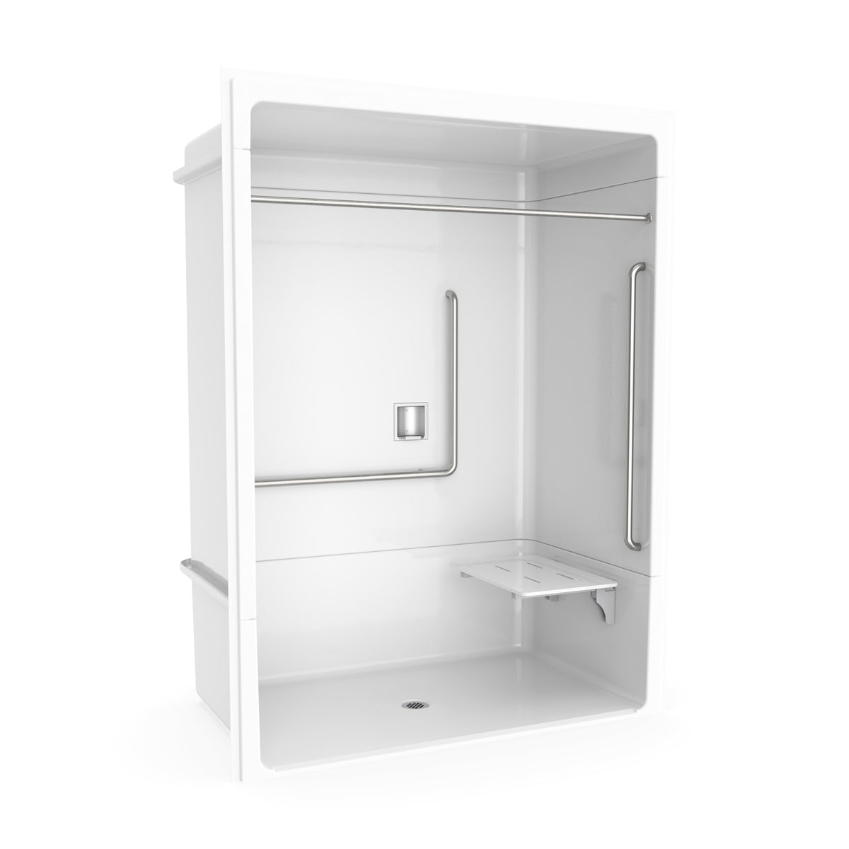 Neptune Banff BFS-6036A - NBC Alberta Compliant Acrylic Alcove Center Drain Beveled Threshold Three-Piece Shower in White with Right L-Shaped Naugahyde Seat - image 14