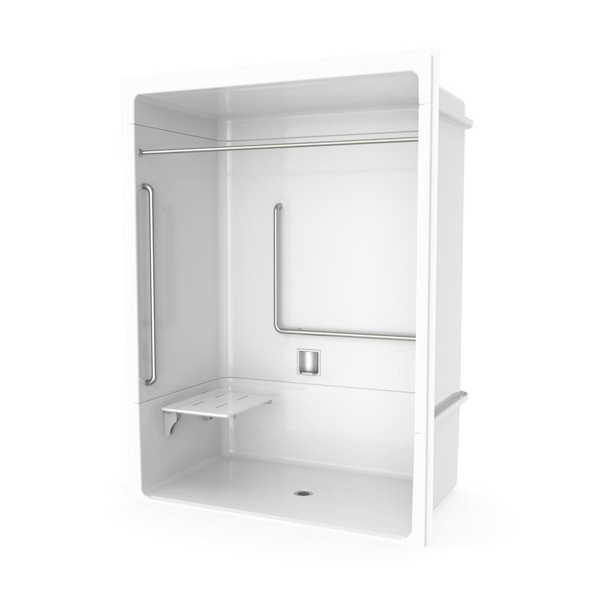 Neptune Banff BFS-6036A - NBC Alberta Compliant Acrylic Alcove Center Drain Beveled Threshold Three-Piece Shower in White with Right L-Shaped Naugahyde Seat - image 17
