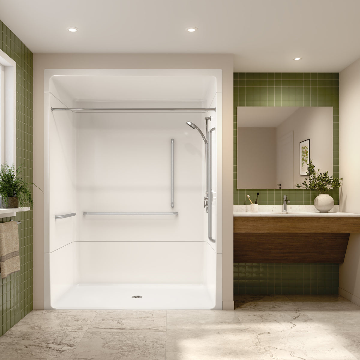 Neptune Banff BFS-6036A - NBC Alberta Compliant Acrylic Alcove Center Drain Beveled Threshold Three-Piece Shower in White with Right L-Shaped Naugahyde Seat - image 5