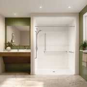 Neptune Banff BFS-6036A - NBC Compliant Acrylic Alcove Center Drain Vertical Threshold One-Piece Shower in White with Right L-Shaped Phenolic Seat