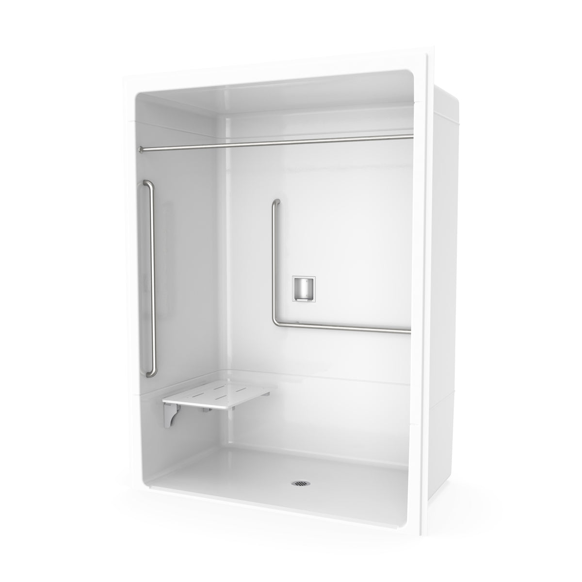 Neptune Banff BFS-6036A - NBC Compliant Acrylic Alcove Center Drain Vertical Threshold One-Piece Shower in White with Right L-Shaped Phenolic Seat - image 11