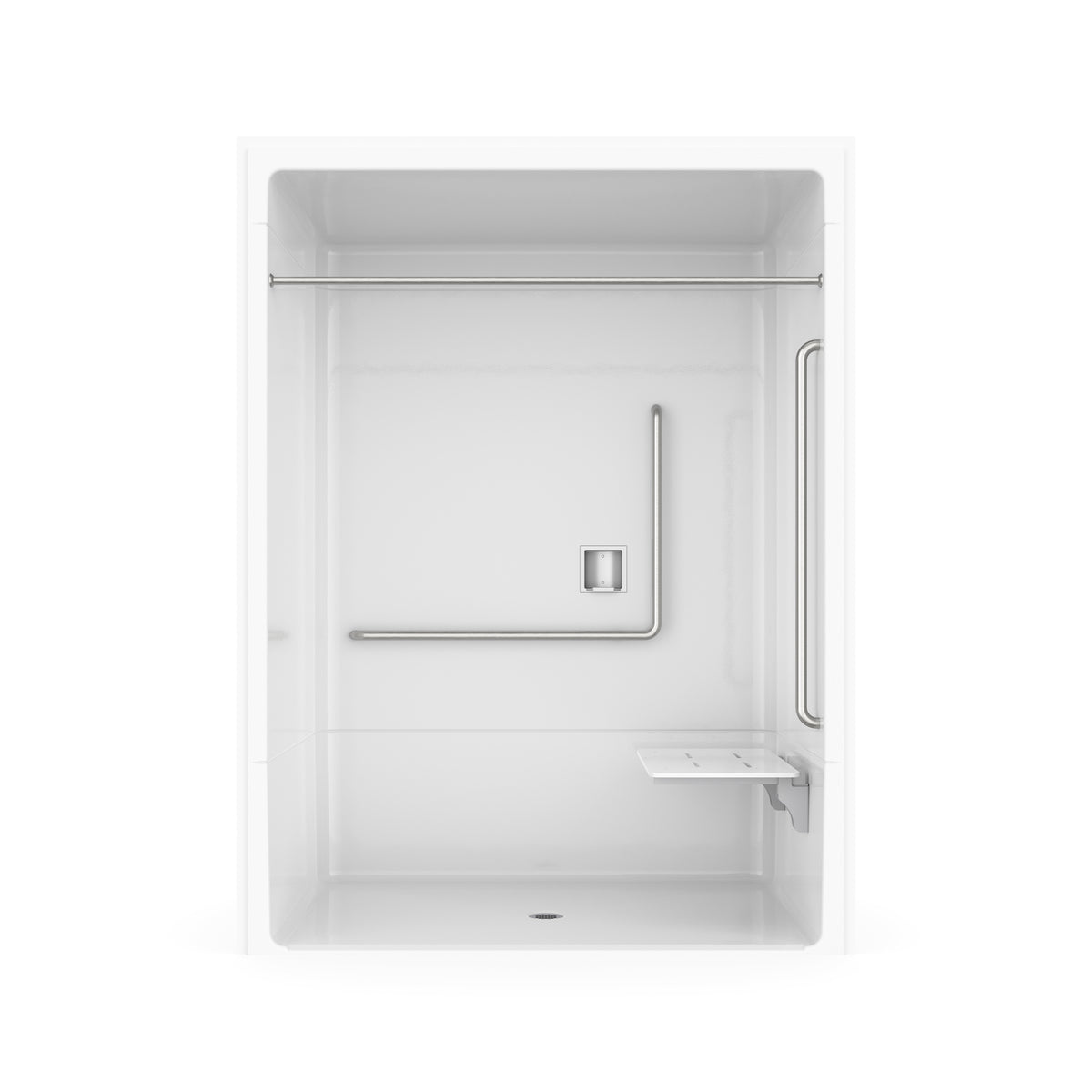 Neptune Banff BFS-6036A - NBC Compliant Acrylic Alcove Center Drain Vertical Threshold One-Piece Shower in White with Right L-Shaped Phenolic Seat - image 13