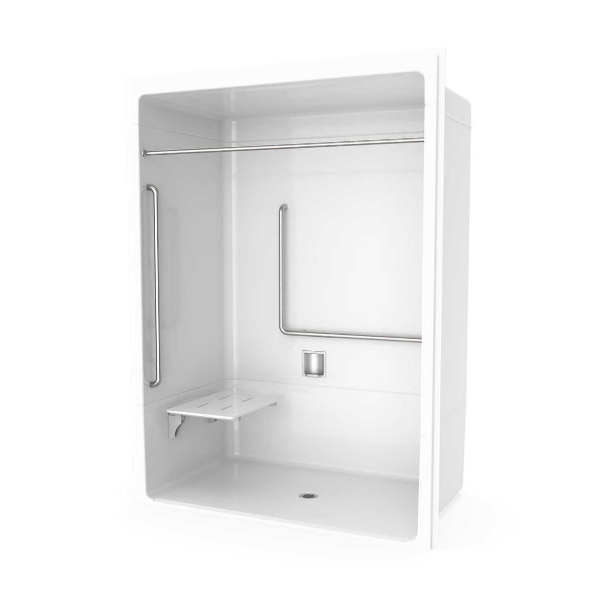 Neptune Banff BFS-6036A - NBC Compliant Acrylic Alcove Center Drain Vertical Threshold One-Piece Shower in White with Right L-Shaped Phenolic Seat - image 17