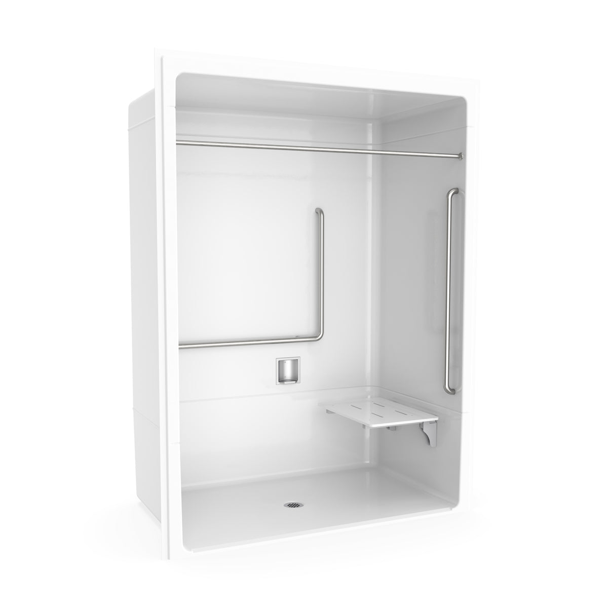 Neptune Banff BFS-6036A - NBC Compliant Acrylic Alcove Center Drain Vertical Threshold One-Piece Shower in White with Right L-Shaped Phenolic Seat - image 20