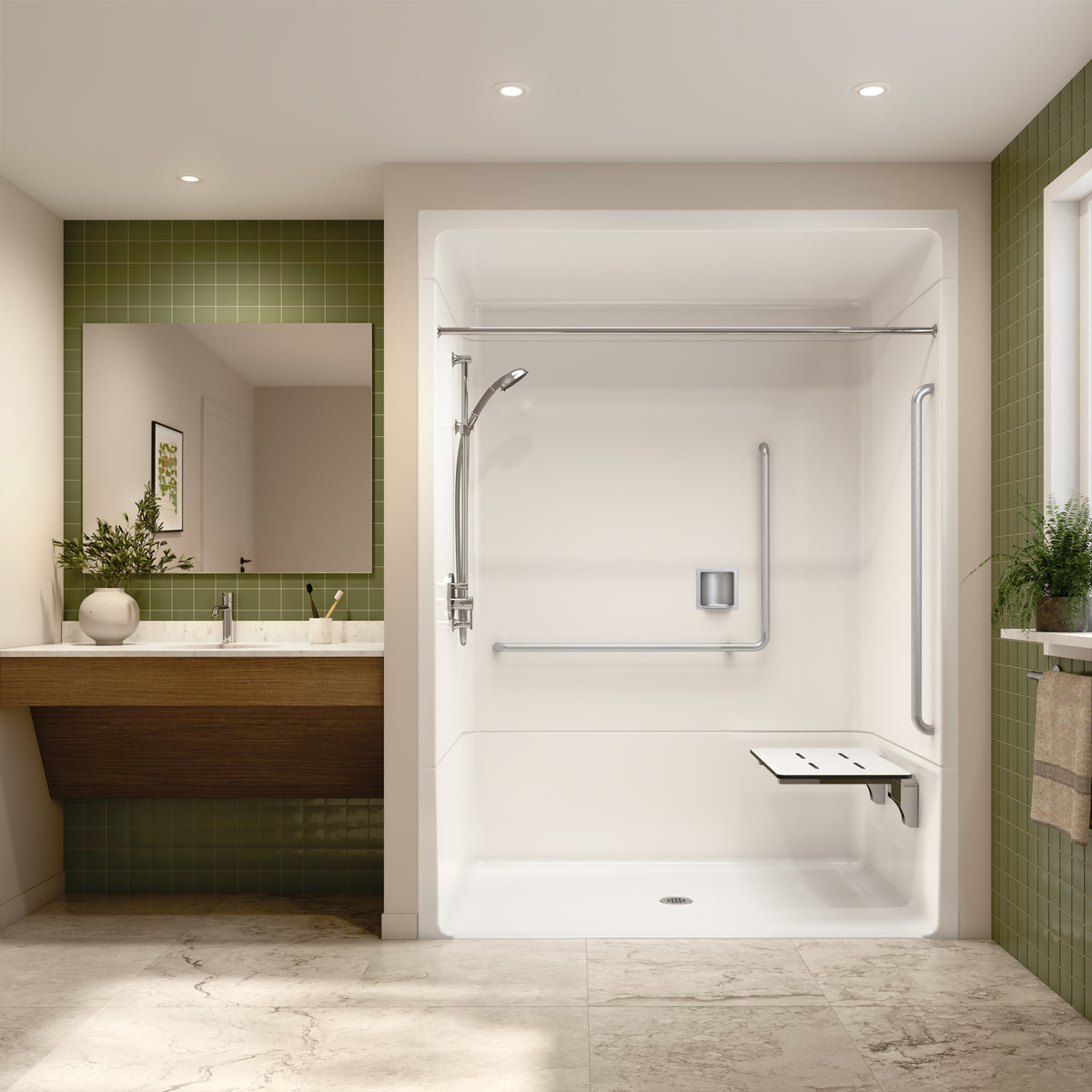 Neptune Banff BFS-6036A - NBC Compliant Acrylic Alcove Center Drain Vertical Threshold One-Piece Shower in White with Right L-Shaped Phenolic Seat - image 9