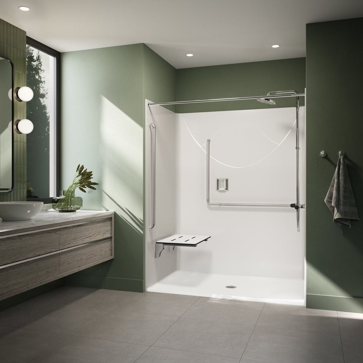 Neptune Banff BFS-6036F - NBC-Alberta Compliant AcrylX Alcove Center Drain Shower in White with Left Rectangular Naugahyde Seat - image 8