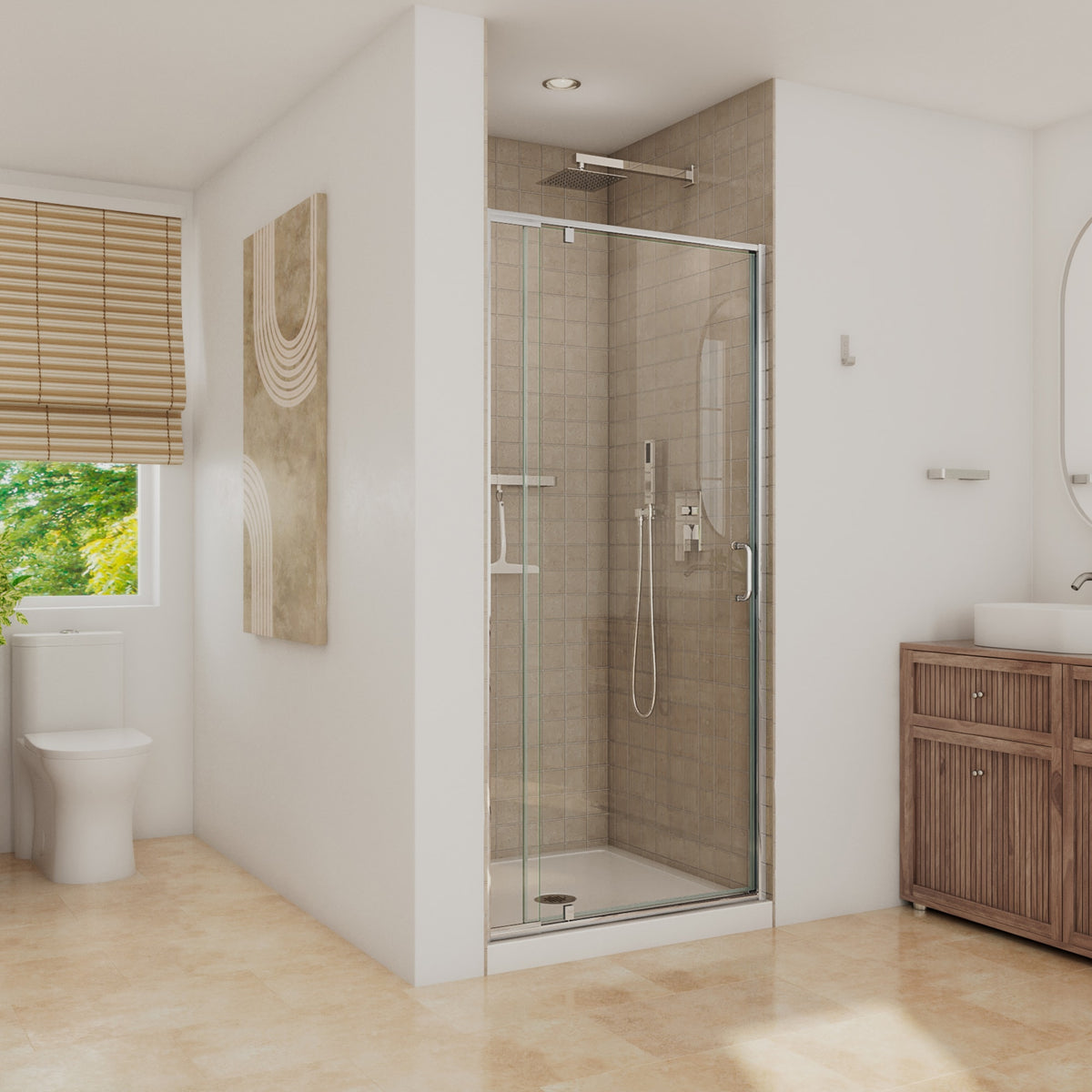 Neptune Belaya 32-36 x 72 in 6mm Pivot Shower Door for Alcove Installation with Clear Glass in Chrome