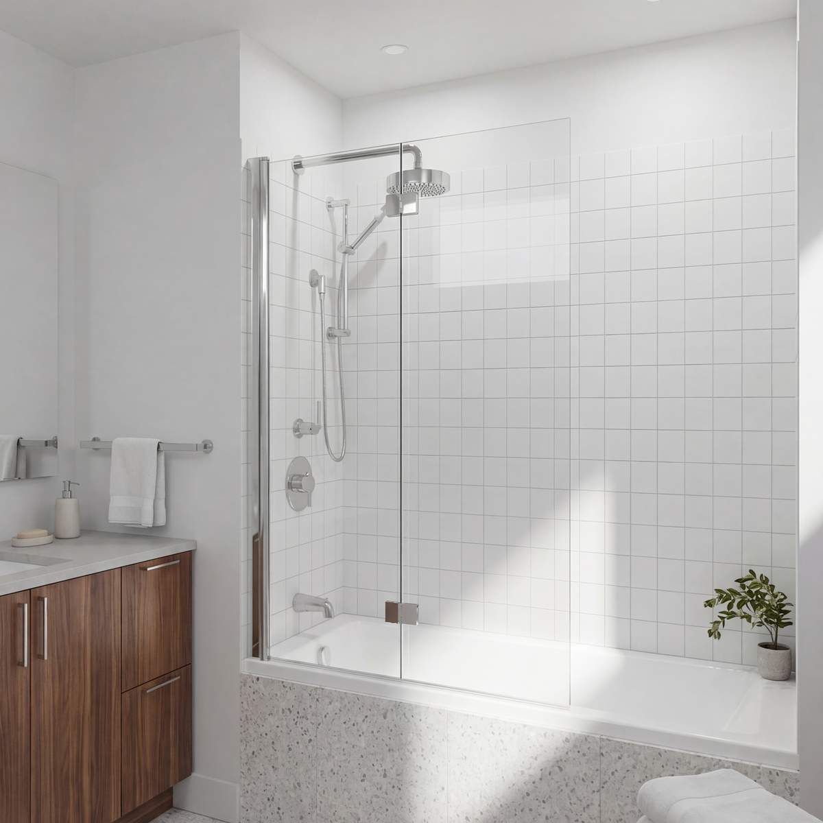 Neptune Herencia 42 x 59 in 6 mm Pivot Tub Shield for Alcove Installation with Clear glass in Chrome