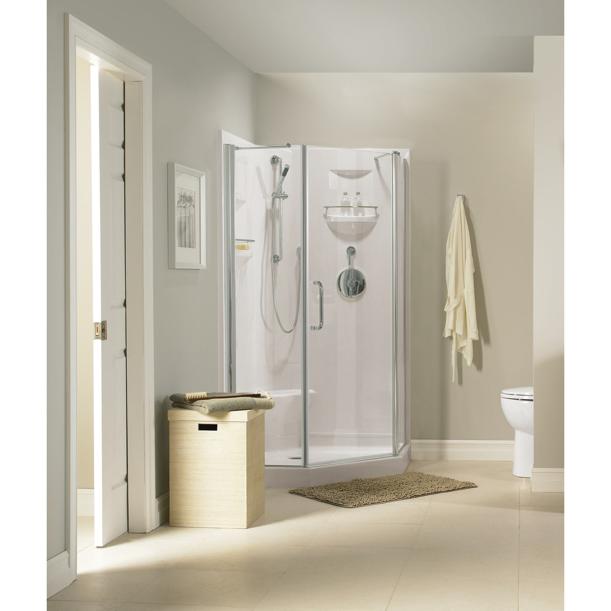Neptune Maya 3838 Neo-Angle Acrylic Corner One-Piece Shower with Center Drain in White