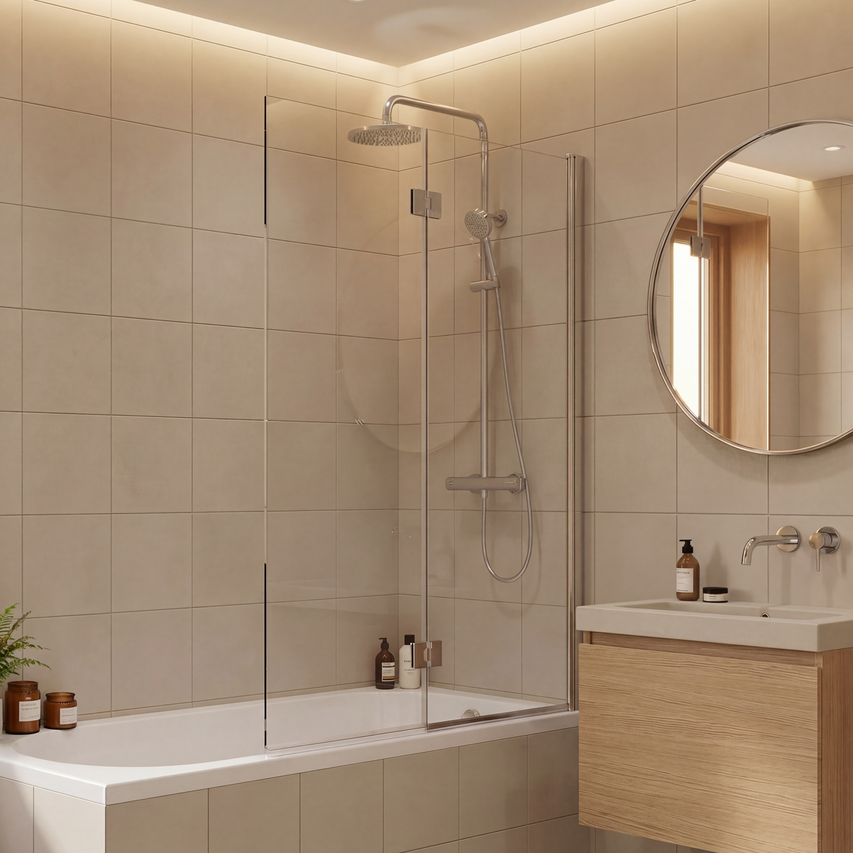 Neptune Monza 39 x 59 in 8 mm Pivot Tub Shield for Alcove Installation with Clear glass in Chrome