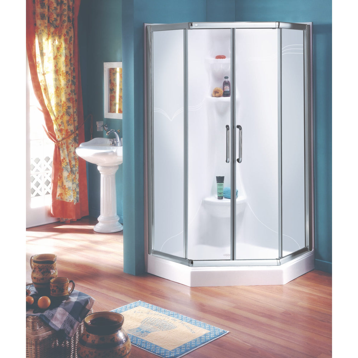 Neptune Saturne 3838 Neo-Angle Acrylic Corner Two-Piece Shower with Center Drain in White