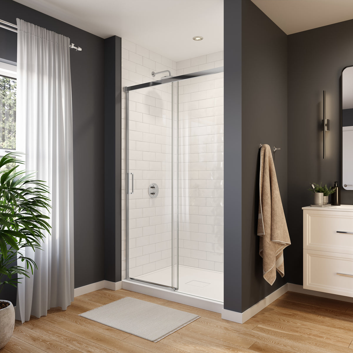 Neptune Sella 48 x 74 in 6 mm Sliding Shower Door for Alcove Installation with Clear glass in Chrome