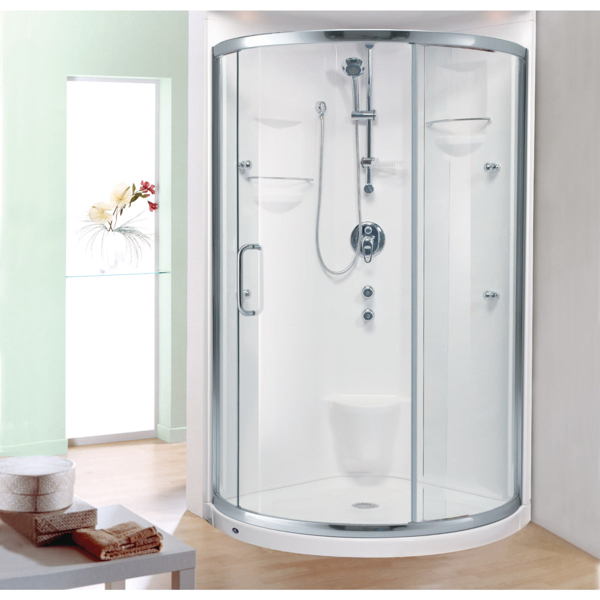 Neptune Stella 3636 Round Acrylic Corner Two-Piece Shower with Center Drain in White