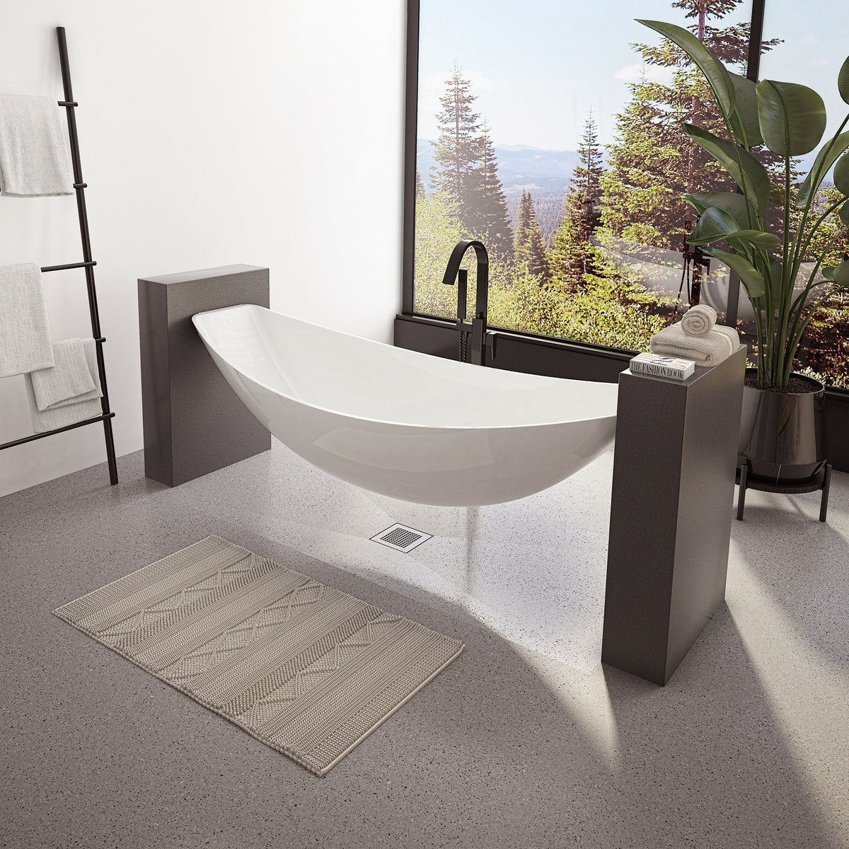 Neptune Zadar 82 Acrylic Floating Hammock Center Drain Bathtub in White
