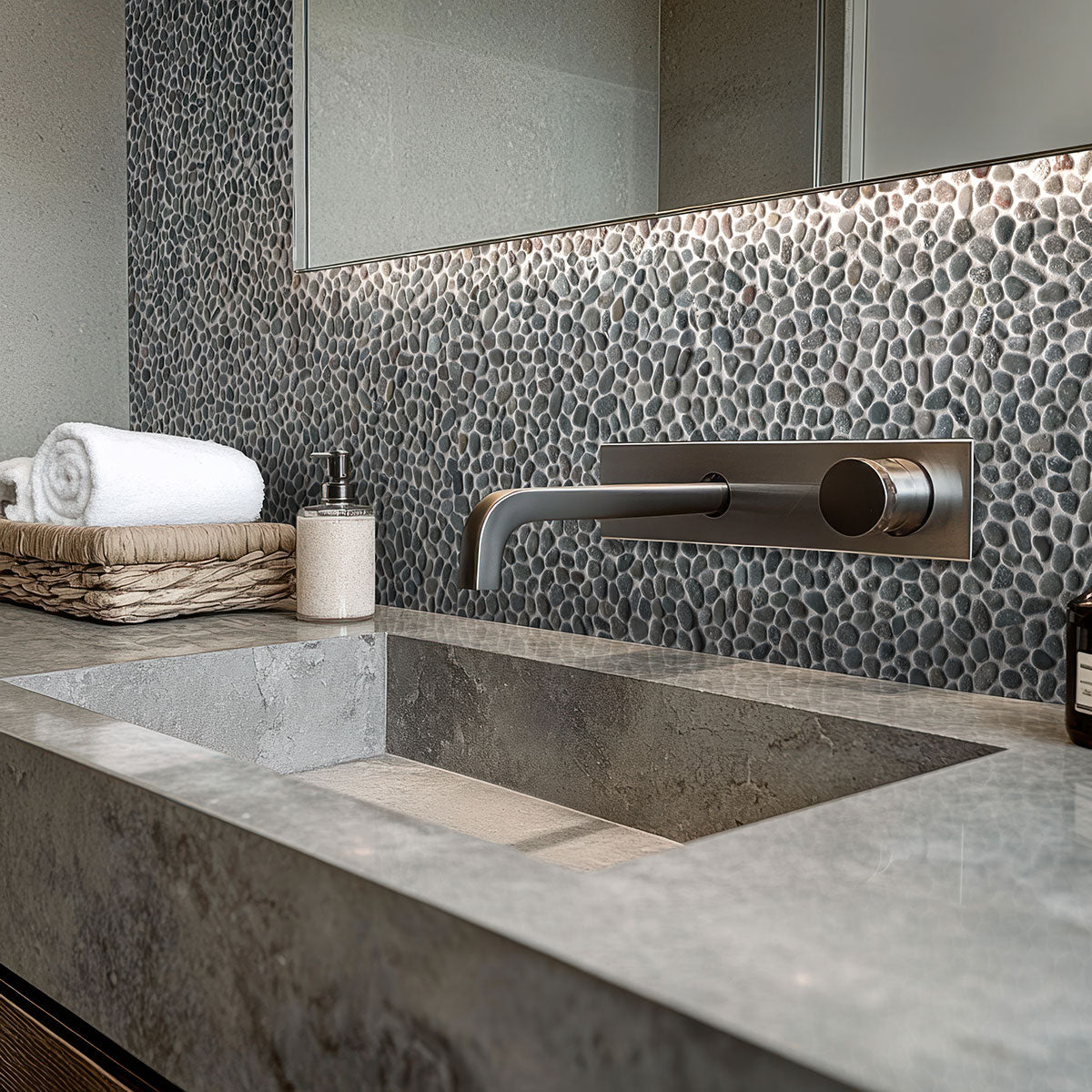 MSI Noir Ash Mini Pebble Tumbled Marble mosaic (SMOT-PEB-NOIASHT) – MSI room scene (bathroom)