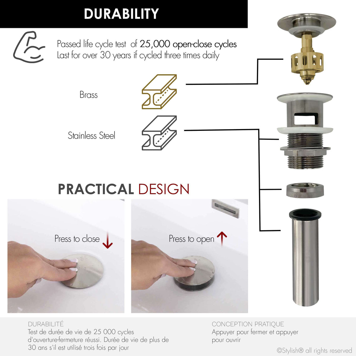 Stylish Pop-Up Bathroom Sink Drains Set with Overflow Brushed Nickel D-701B2