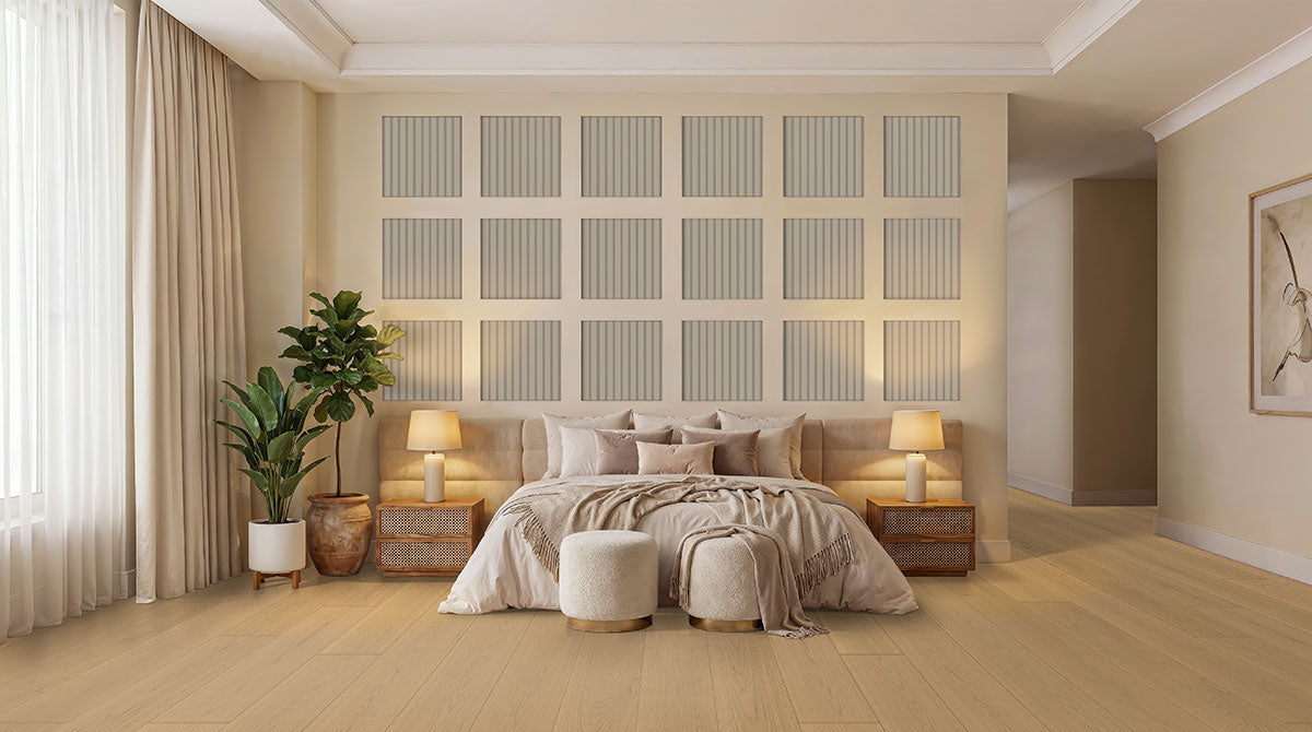 MSI Dusk 9.5 x 94.5 MDF slat panel (WPNL-ACWFLTDUS9.5x94.5) – MSI room scene (bedroom)