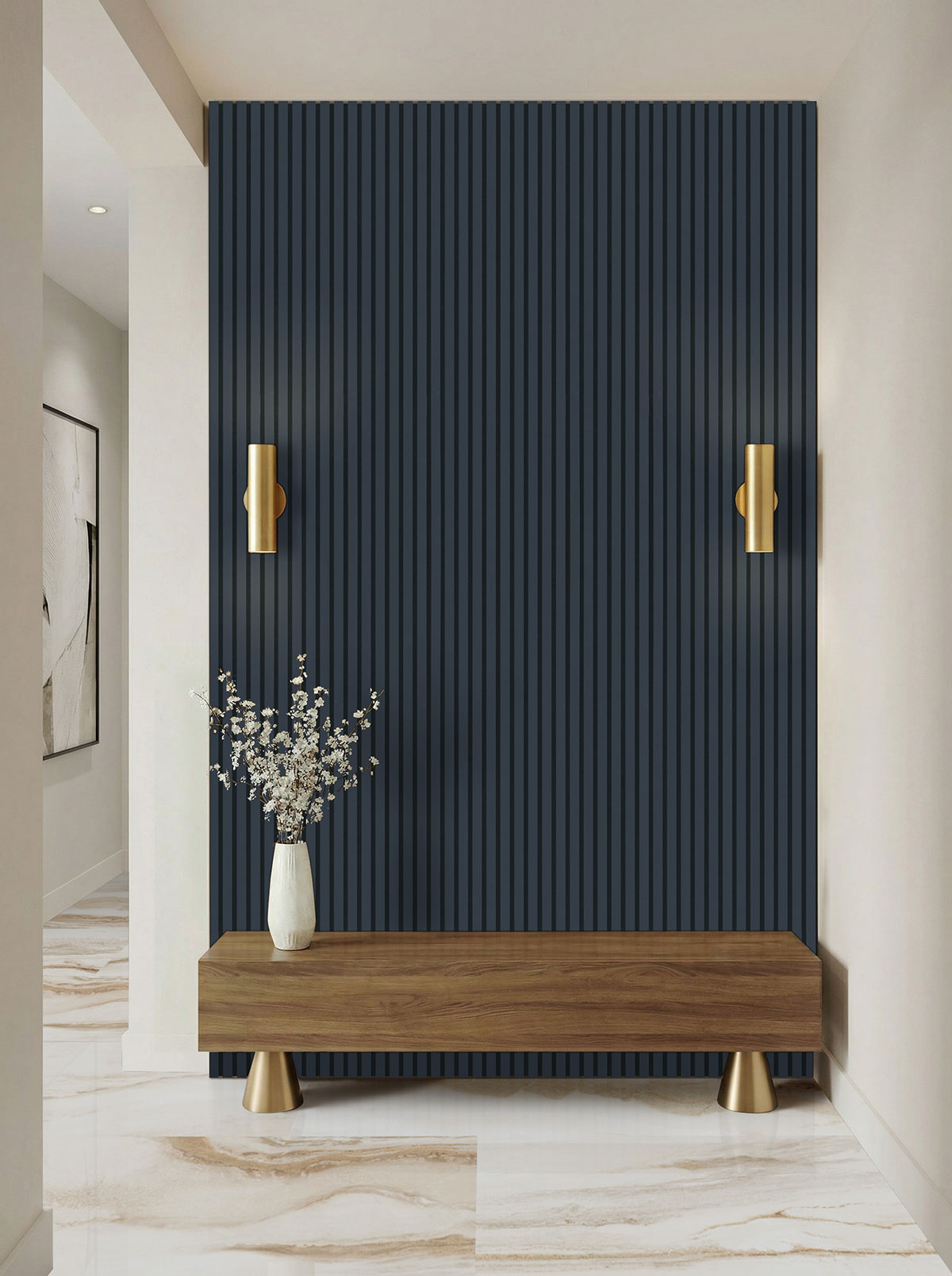 MSI Navy 9.5 x 94.5 MDF slat panel (WPNL-ACWFLTNAV9.5x94.5) – MSI room scene (entryway)