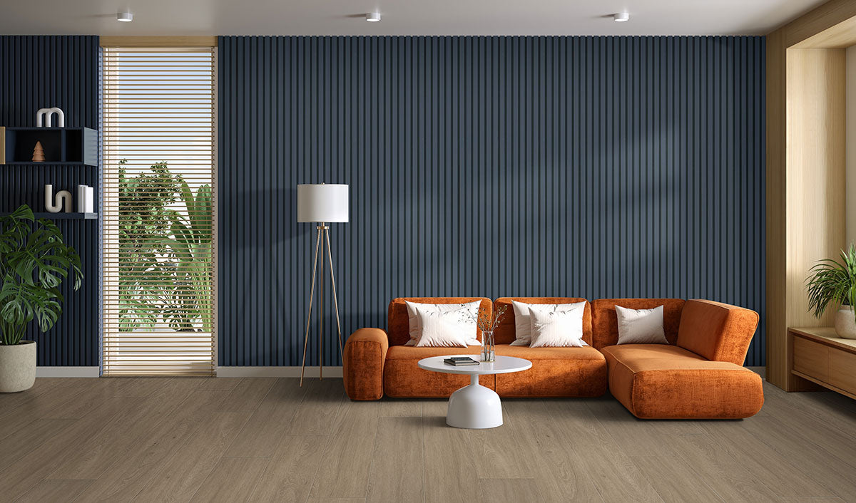 MSI Navy 9.5 x 94.5 MDF slat panel (WPNL-ACWFLTNAV9.5x94.5) – MSI room scene (living room)