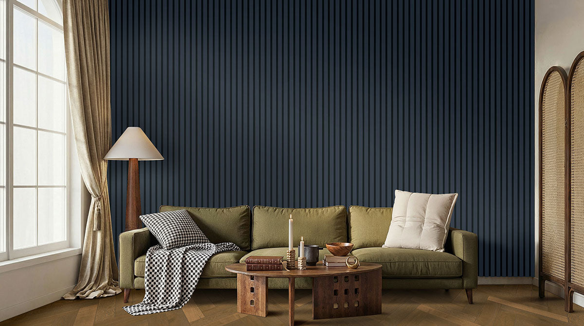 MSI Navy 9.5 x 94.5 MDF slat panel (WPNL-ACWFLTNAV9.5x94.5) – MSI room scene (living room)