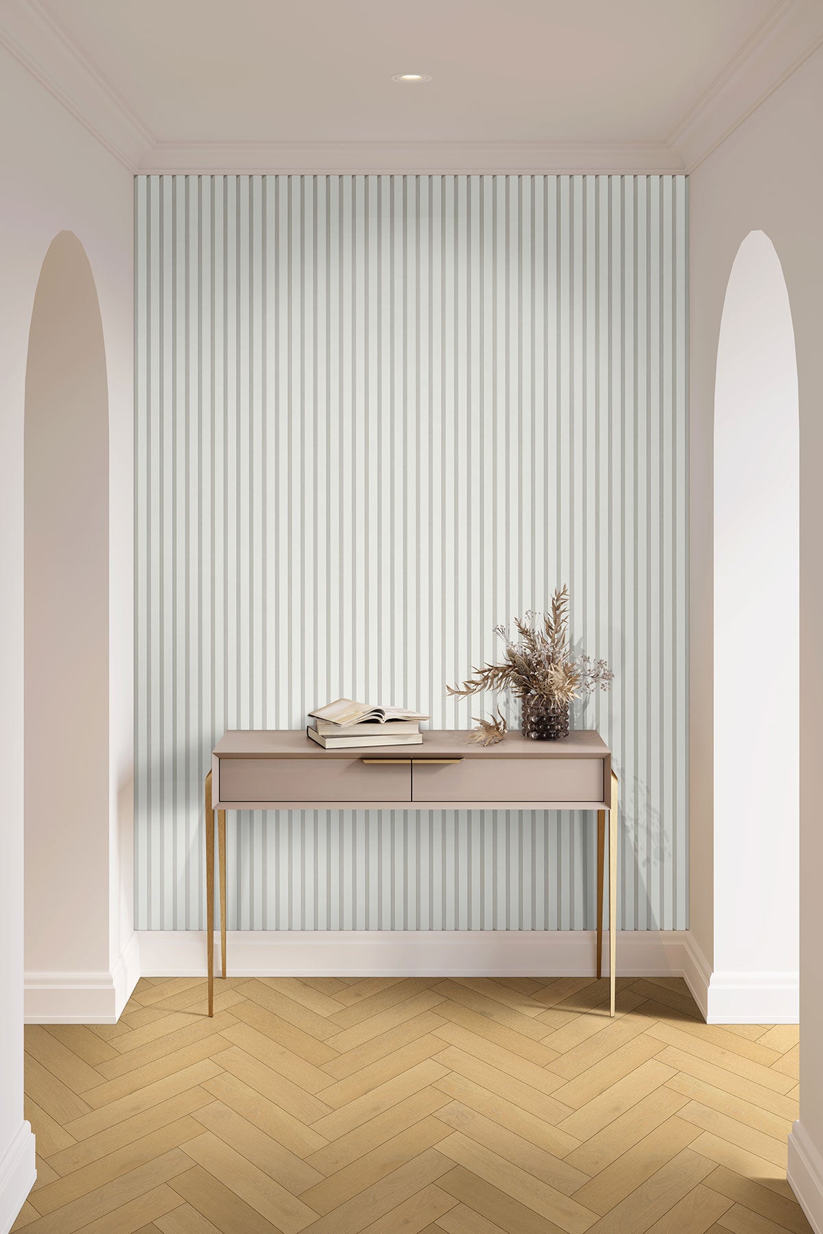 MSI White 9.5 x 94.5 MDF slat panel (WPNL-ACWFLTWHI9.5x94.5) – MSI room scene (entryway)