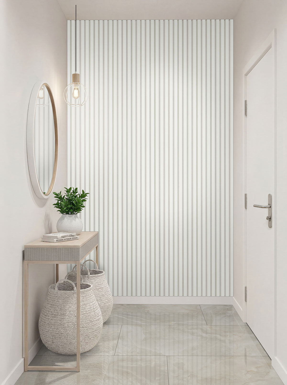 MSI White 9.5 x 94.5 MDF slat panel (WPNL-ACWFLTWHI9.5x94.5) – MSI room scene (entryway)