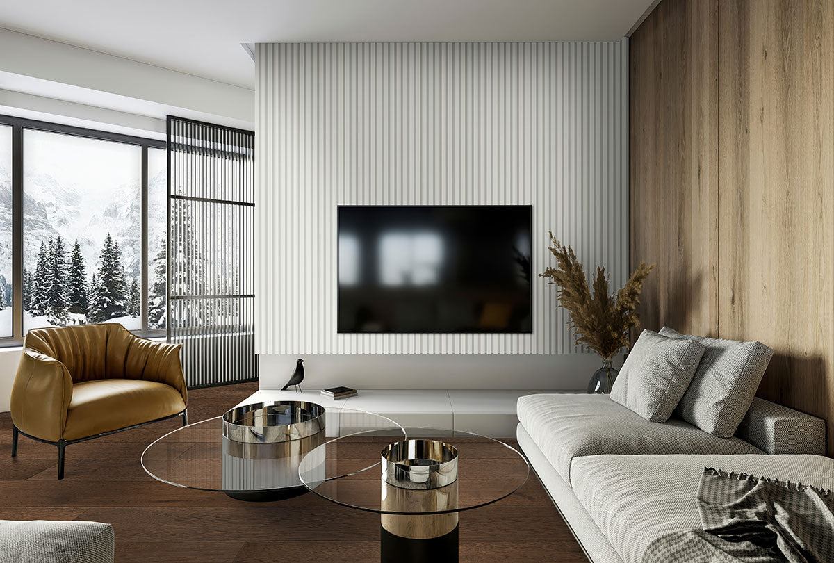 MSI White 9.5 x 94.5 MDF slat panel (WPNL-ACWFLTWHI9.5x94.5) – MSI room scene (living room)