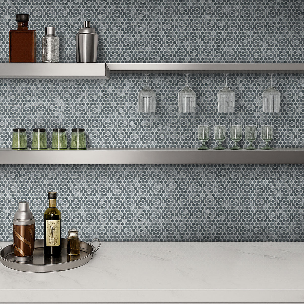 MSI Penny Round Grigio Mix Glossy Porcelain mosaic (SMOT-PT-PENRD-GRIMIX) – MSI room scene (kitchen)