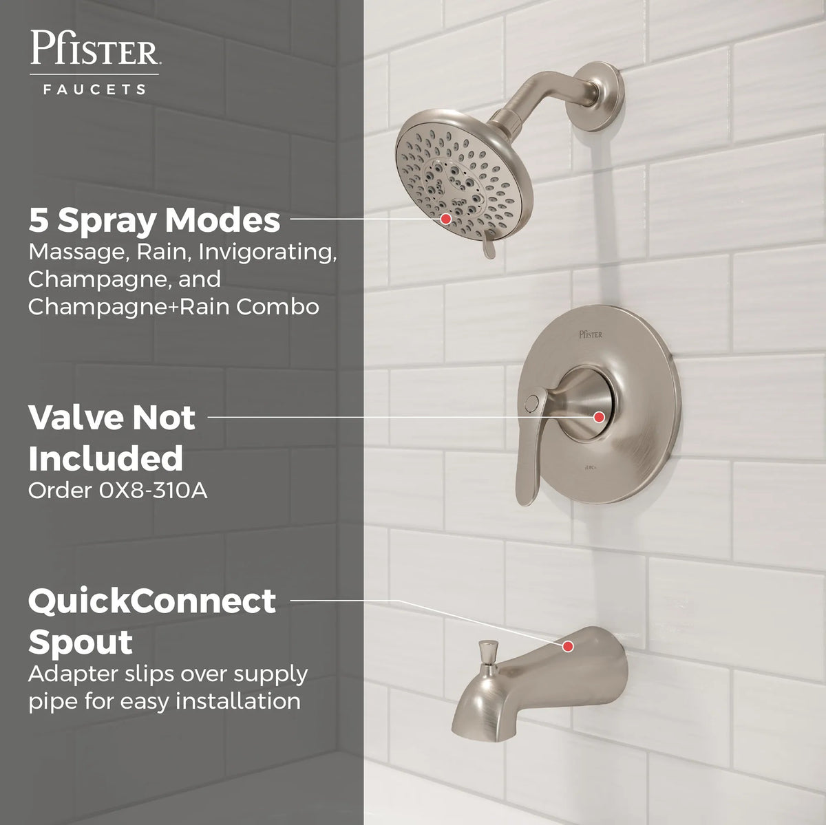 Pfister Weller 1-Handle Tub & Shower Trim Kit in Brushed Nickel - view 8
