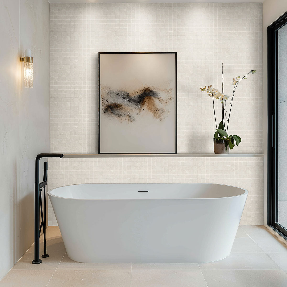 MSI Elbe Alabaster 3 x 24 Lappato Porcelain trim (NELBALA3X24BNL-3D) – MSI room scene (bathroom)