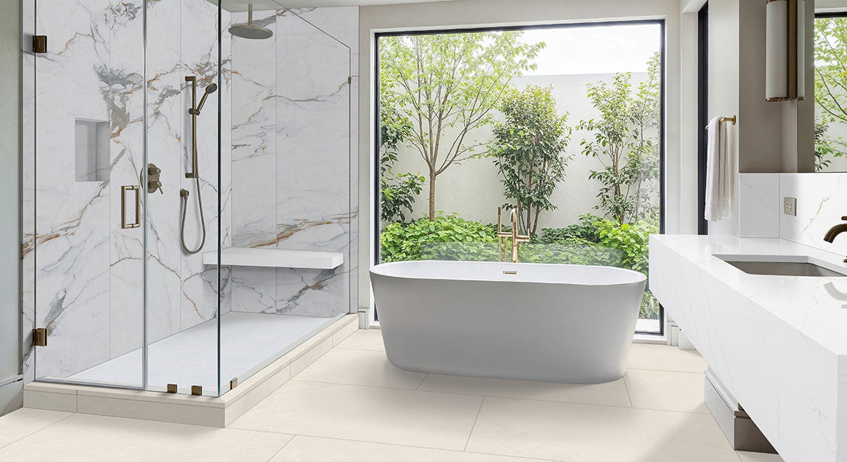 MSI Elbe Alabaster 2 x 2 Lappato Porcelain mosaic (NELBALA2X2L-3D) – MSI room scene (bathroom)