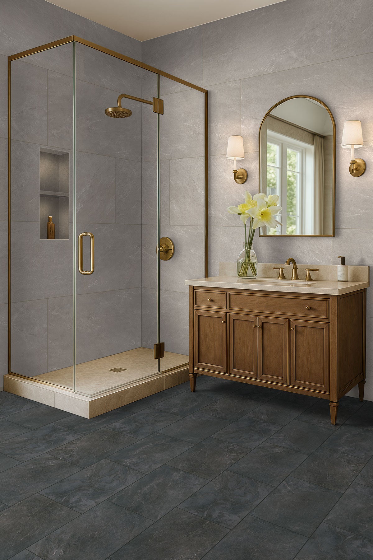 MSI Elbe Obsidian 24 x 48 Lappato Porcelain tile (NELBOBS2448L-3D) – MSI room scene (bathroom)
