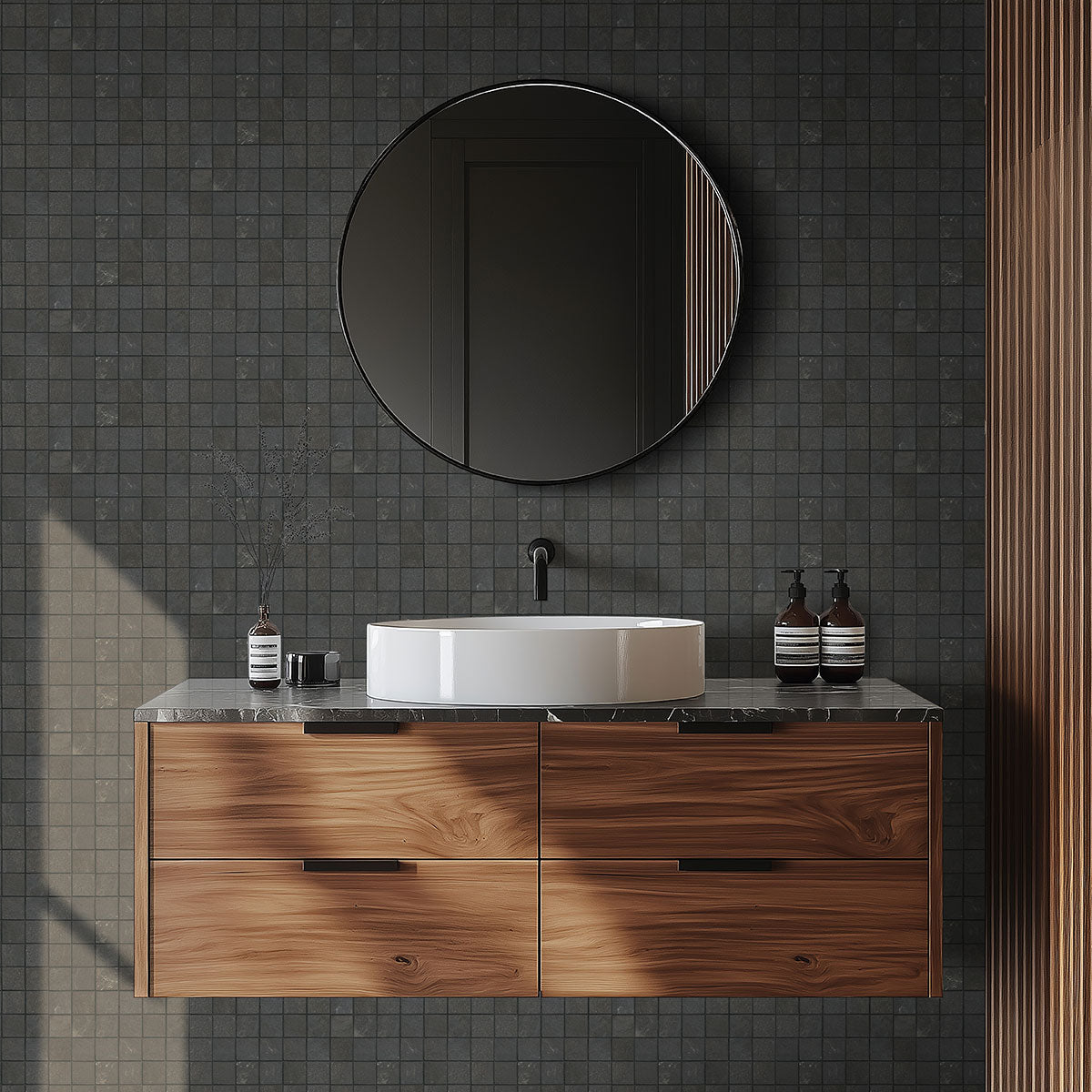 MSI Elbe Obsidian 24 x 48 Lappato Porcelain tile (NELBOBS2448L-3D) – MSI room scene (bathroom)