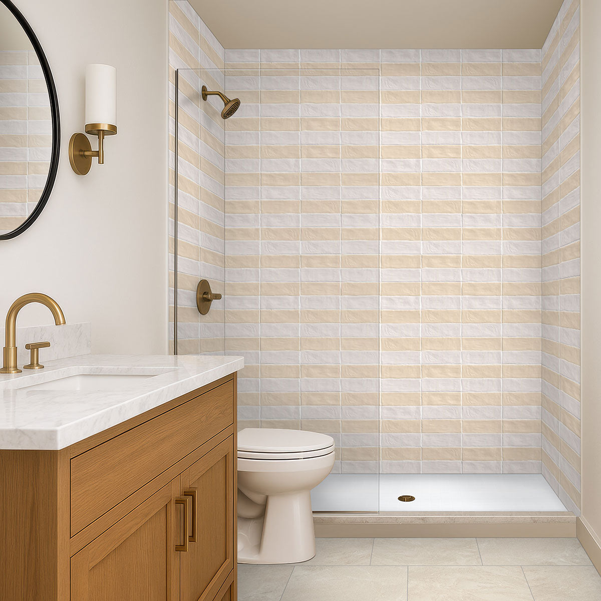 MSI Elbe Sand 3 x 24 Lappato Porcelain trim (NELBSAN3X24BNL-3D) – MSI room scene (bathroom)