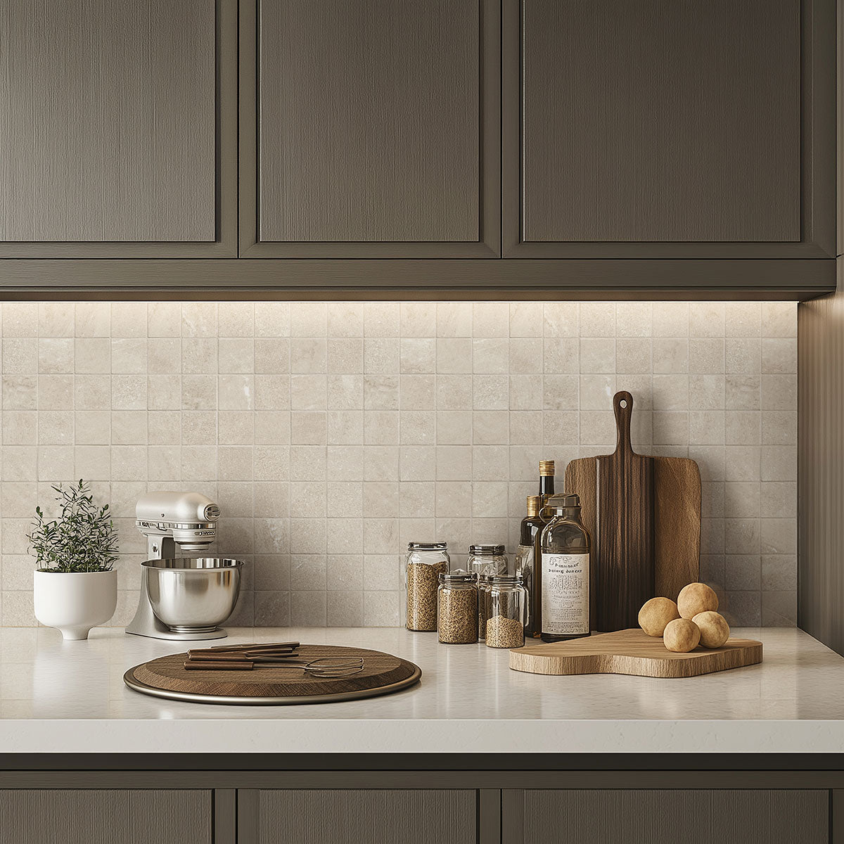 MSI Elbe Sand 3 x 24 Lappato Porcelain trim (NELBSAN3X24BNL-3D) – MSI room scene (kitchen)