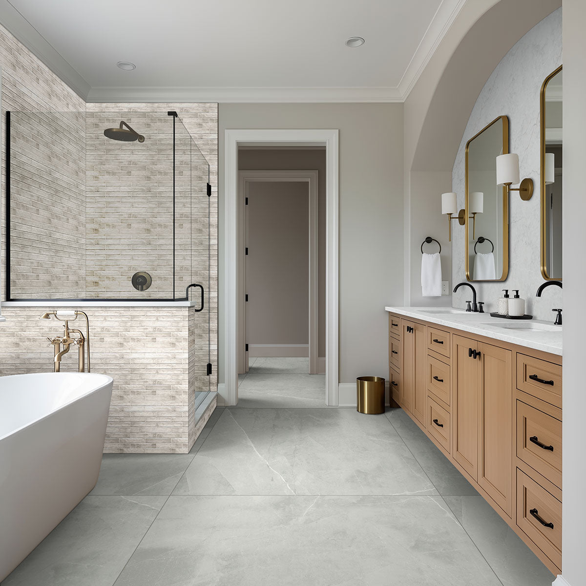 MSI Sande Grey 3 x 18 Polished Porcelain trim (NSANGRE3X18BNP) – MSI room scene (bathroom)