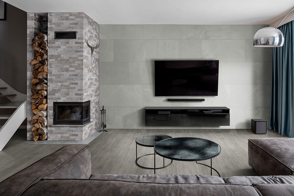 MSI Sande Grey 3 x 18 Polished Porcelain trim (NSANGRE3X18BNP) – MSI room scene (living room)