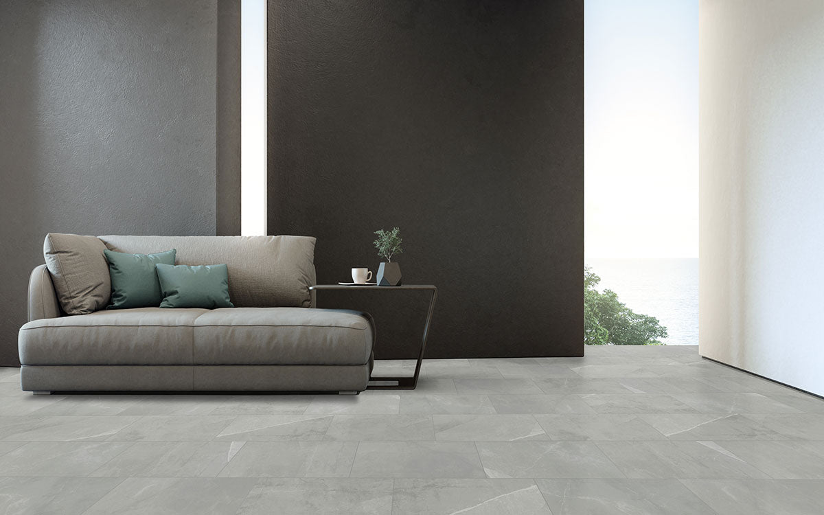 MSI Sande Grey 3 x 18 Polished Porcelain trim (NSANGRE3X18BNP) – MSI room scene (living room)