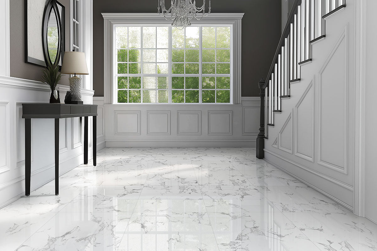 MSI Pietra Statuario 24 x 24 Polished Porcelain tile (NPIESTA2424P-N) – MSI room scene (entryway)