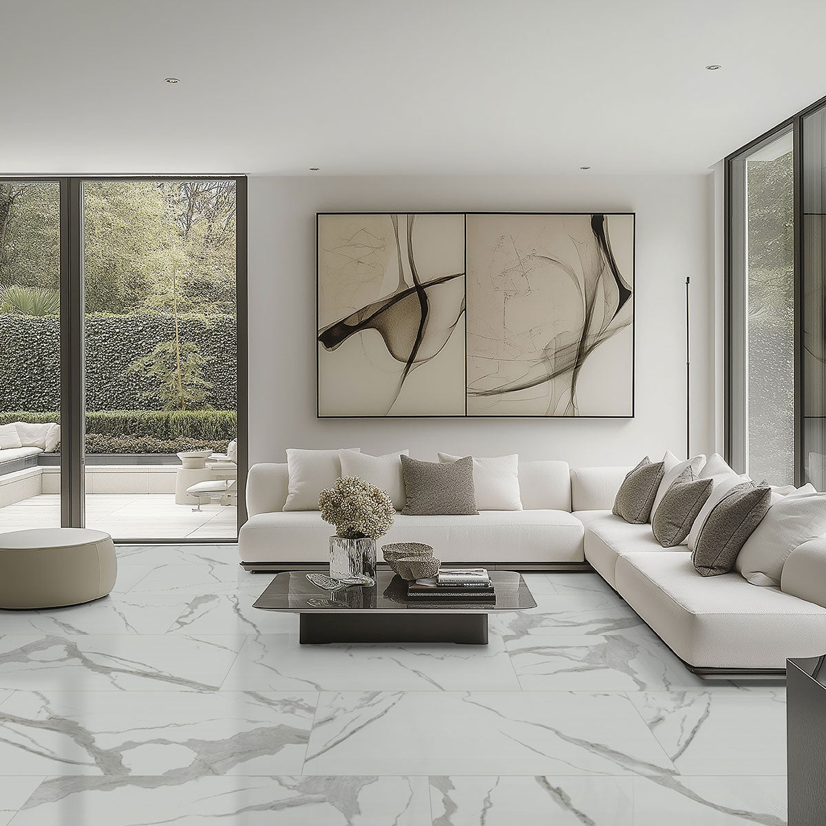 MSI Eden Statuary 4 x 24 Matte Porcelain trim (NEDESTAT4X24BN) – MSI room scene (living room)