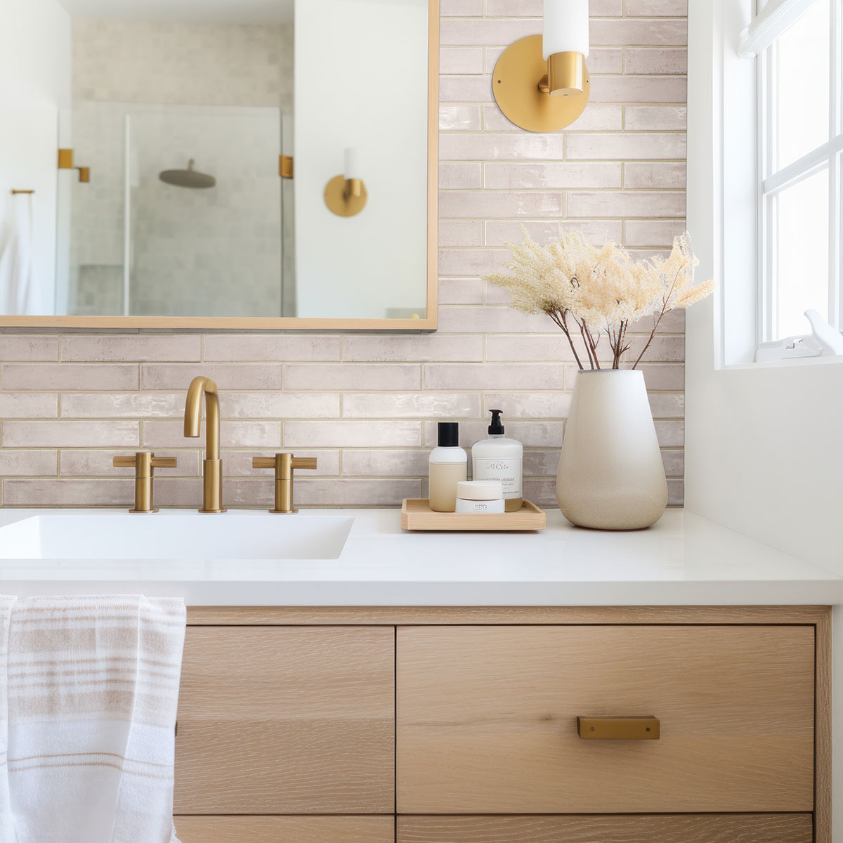 MSI Stella Blush 2 x 10 Glossy Porcelain tile (NSTEBLU2X10G) – MSI room scene (bathroom)