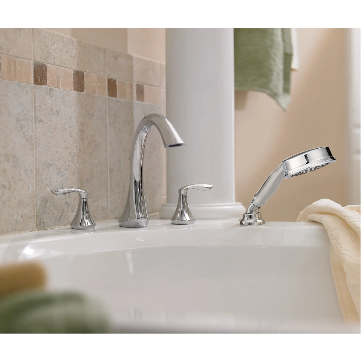 Moen Eva Two-Handle High-Arc Roman Tub Faucet With Hand Shower T944 in Brushed Nickel (T944BN) - view 2