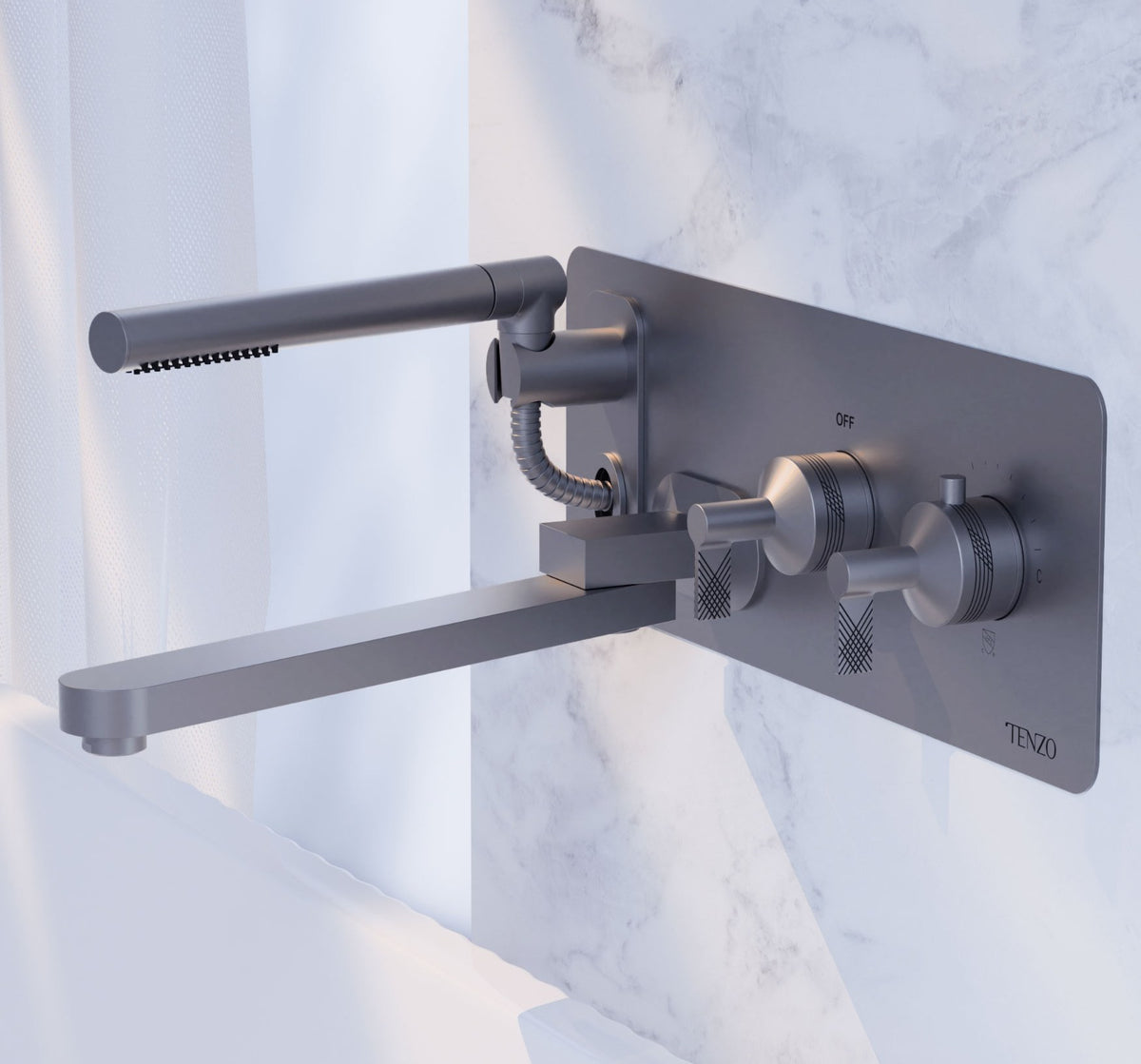 Tenzo brushed gunmetal wall-mounted tub filler and hand shower on white marble