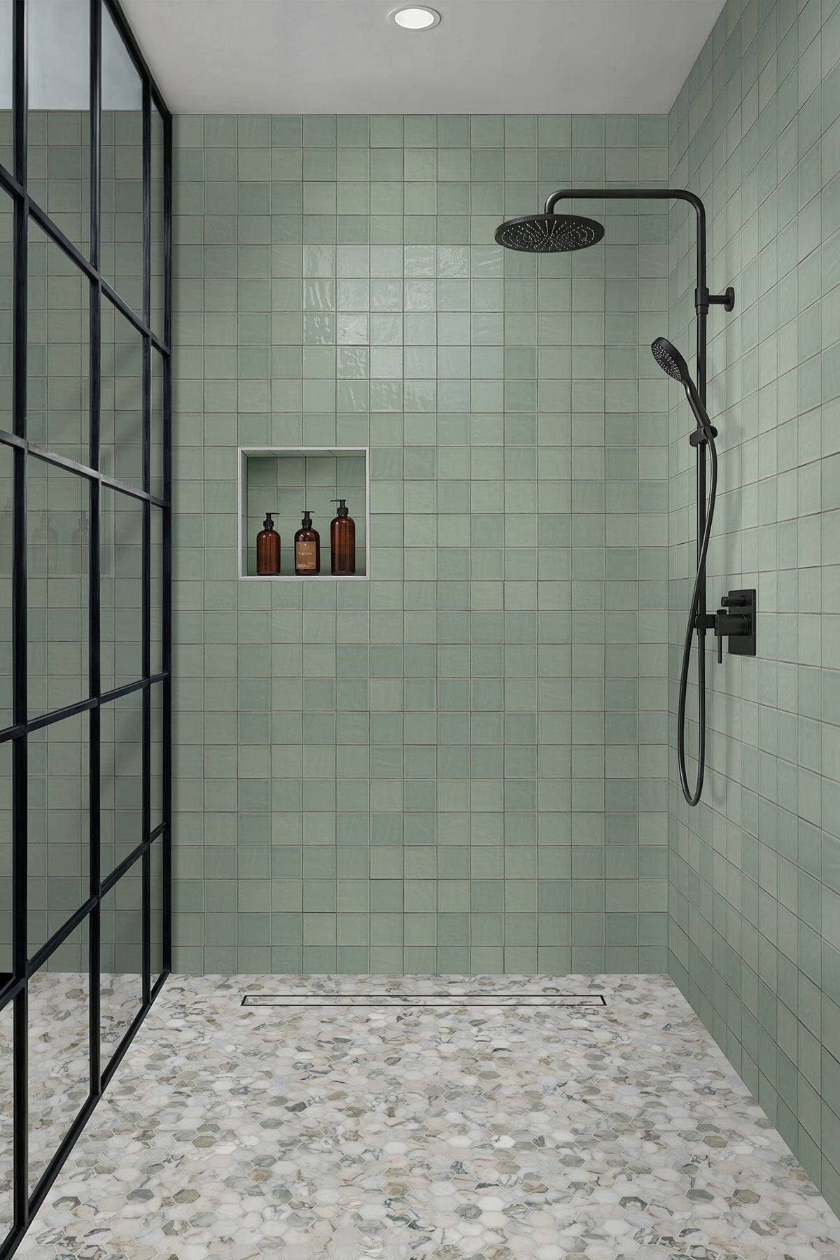 MSI Terranello Olive 4 x 4 Glossy Ceramic tile (NTEROLI4X4G) – MSI room scene (bathroom)