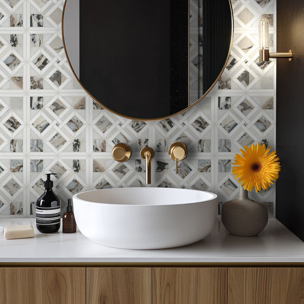 MSI Tessere Pattern Polished Marble mosaic (SMOT-TESSER-POL8MM) – MSI room scene (bathroom)