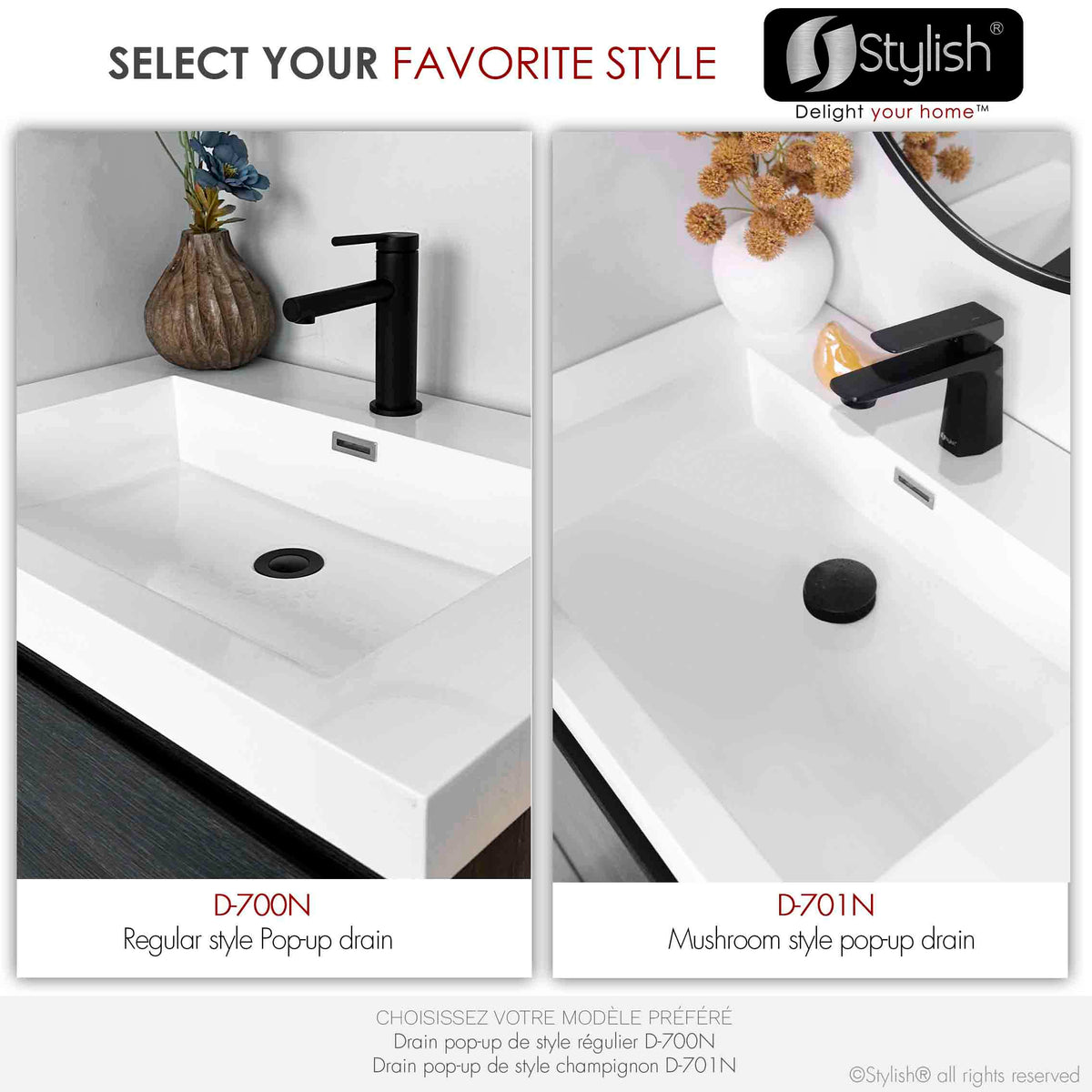 Stylish Pop-Up Bathroom Sink Drains Set with Overflow Matte Black D-700N2