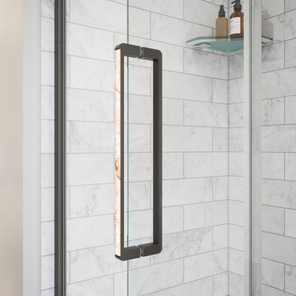 Uptown 57-59 x 76 in. 8 mm Pivot Shower Door for Alcove Installation with Clear glass in Dark Bronze & Beige Marble - Plumbing Market